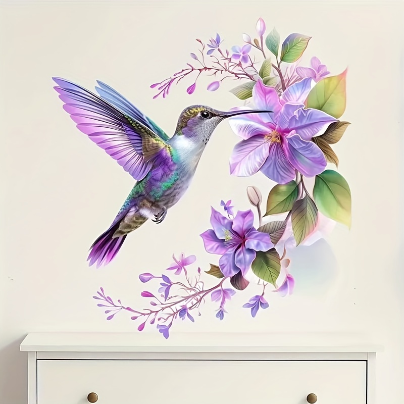 보라색 꽃과 벌새 스티커 1개, 탈부착 가능한 자체 접 - Pvc Panel Background 리뷰 및 가격
